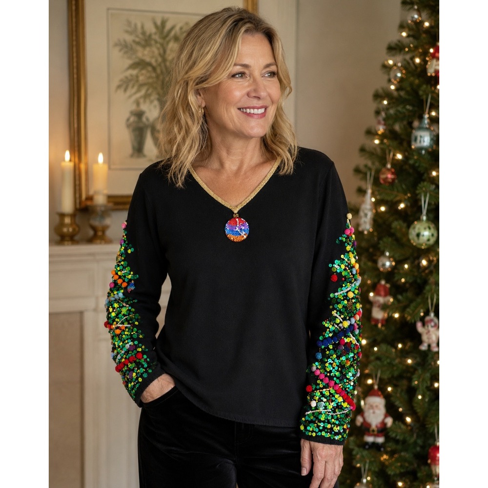 VTG Michael Simon Sweater Women Large Black Christmas Tree Sequin Beaded
